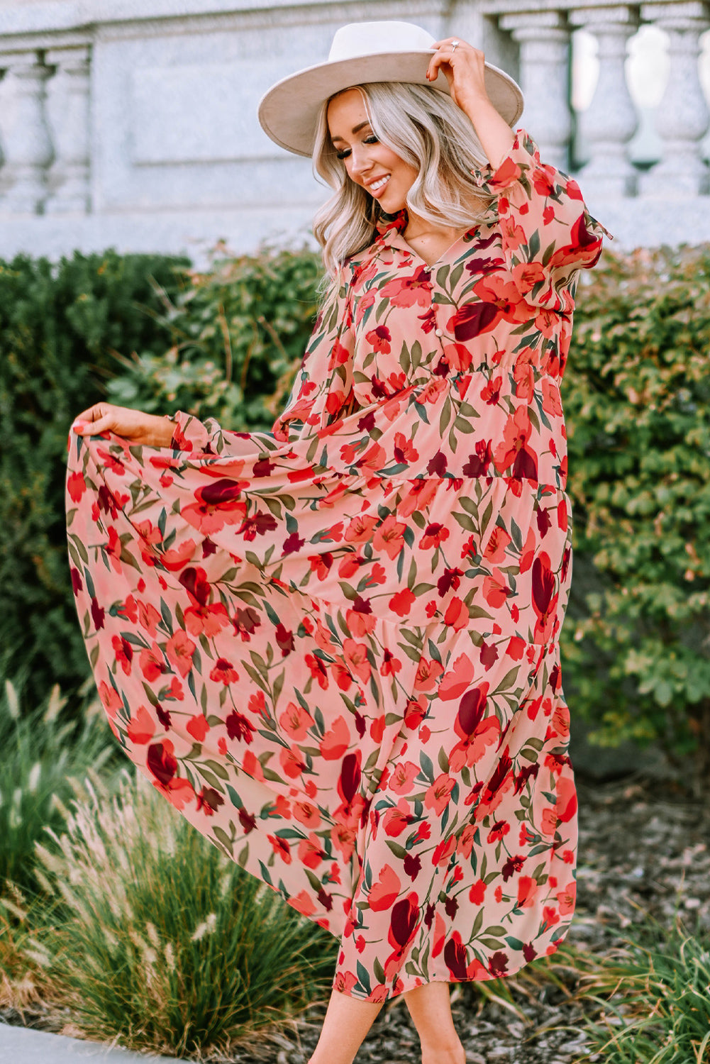 Red Frilled Collar Long Sleeve Tiered Maxi Floral Dress