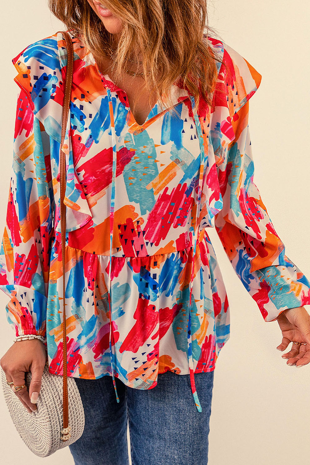 Multicolor Paint Print Ruffled Detail Loose Blouse