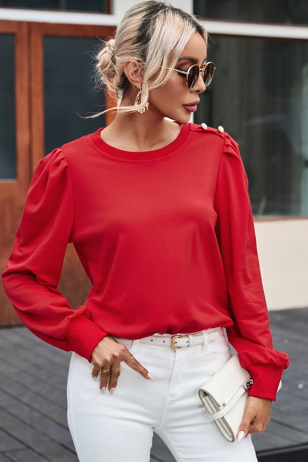Red Button Tab Detail Long Sleeve Top