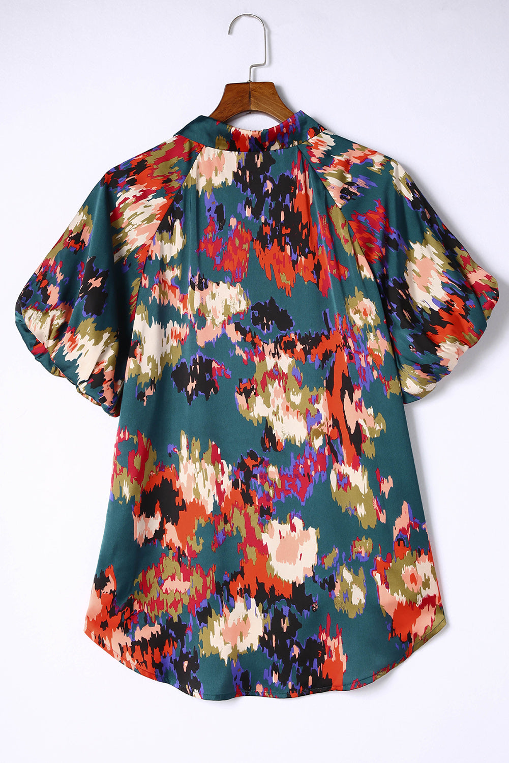 Green Abstract Printed V Neck Bubble Sleeve Blouse