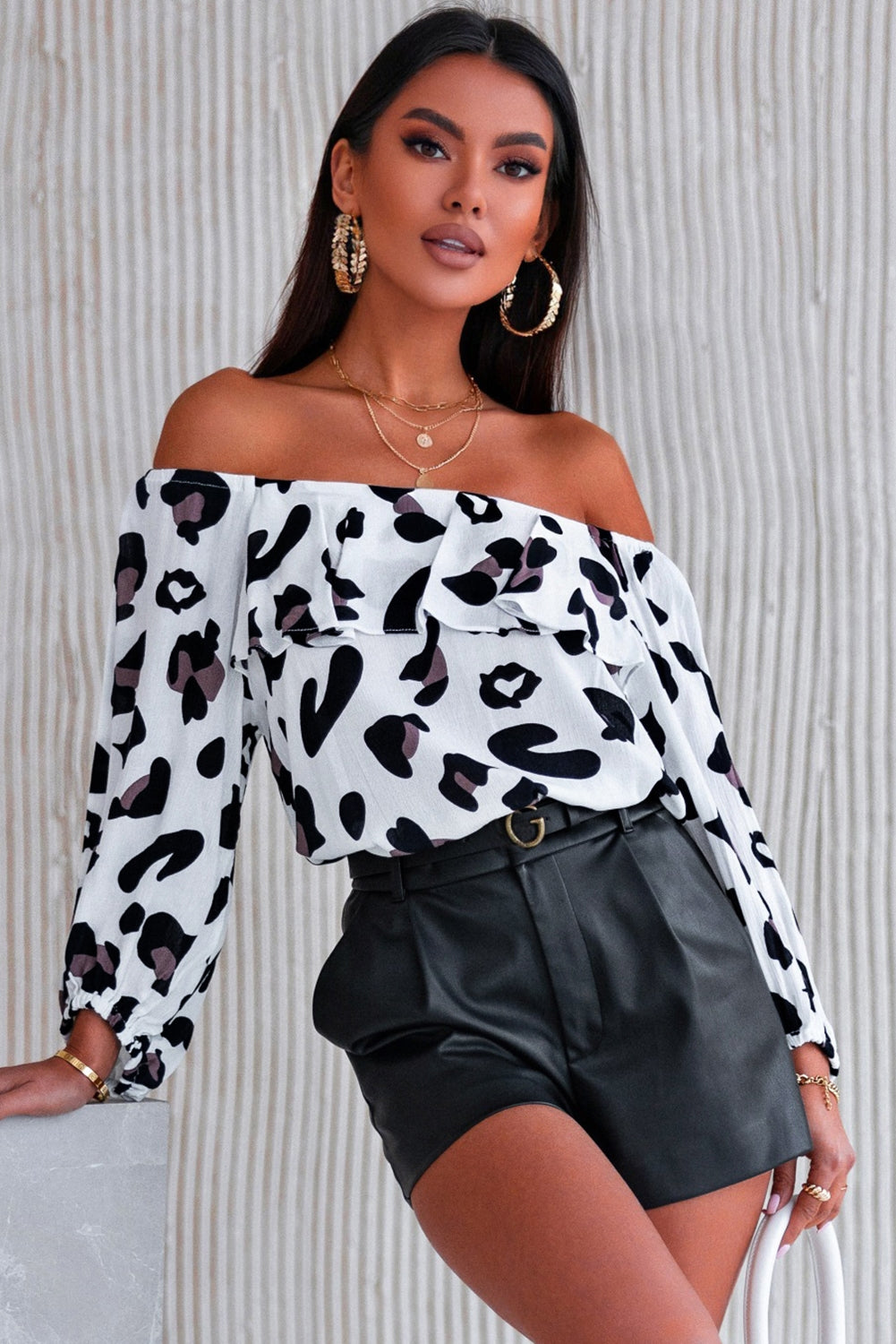 Leopard Off Shoulder Long Sleeve Blouse