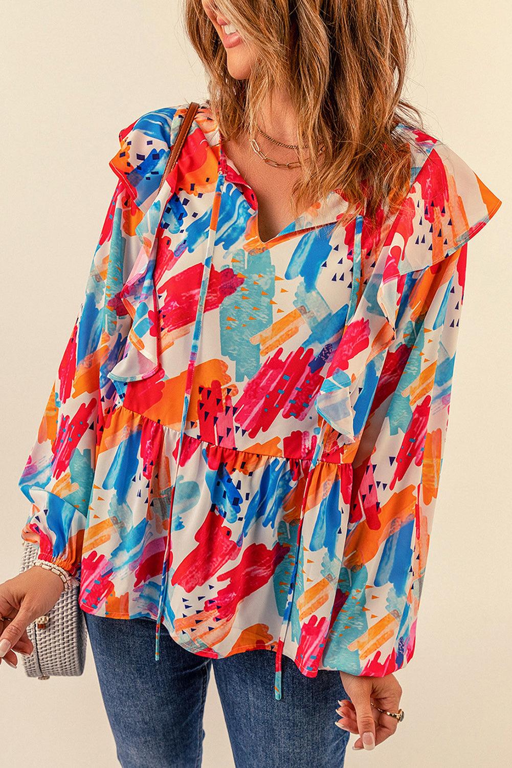 Multicolor Paint Print Ruffled Detail Loose Blouse
