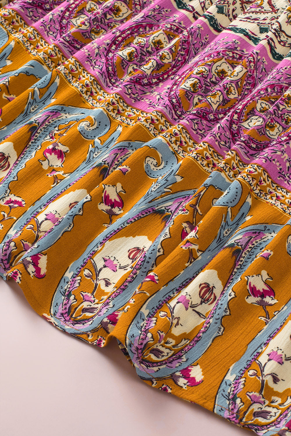 Multicolor Boho Print V Neck Bubble Sleeve Blouse