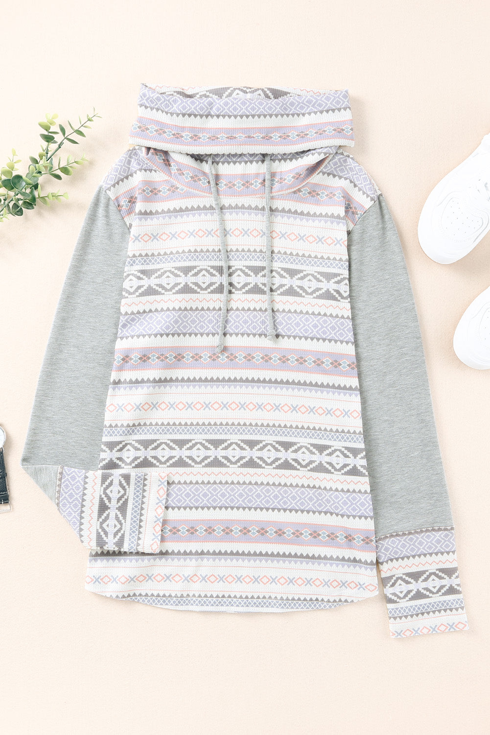 Gray Aztec Print Waffle Knit Cowl Neck Sweatshirt