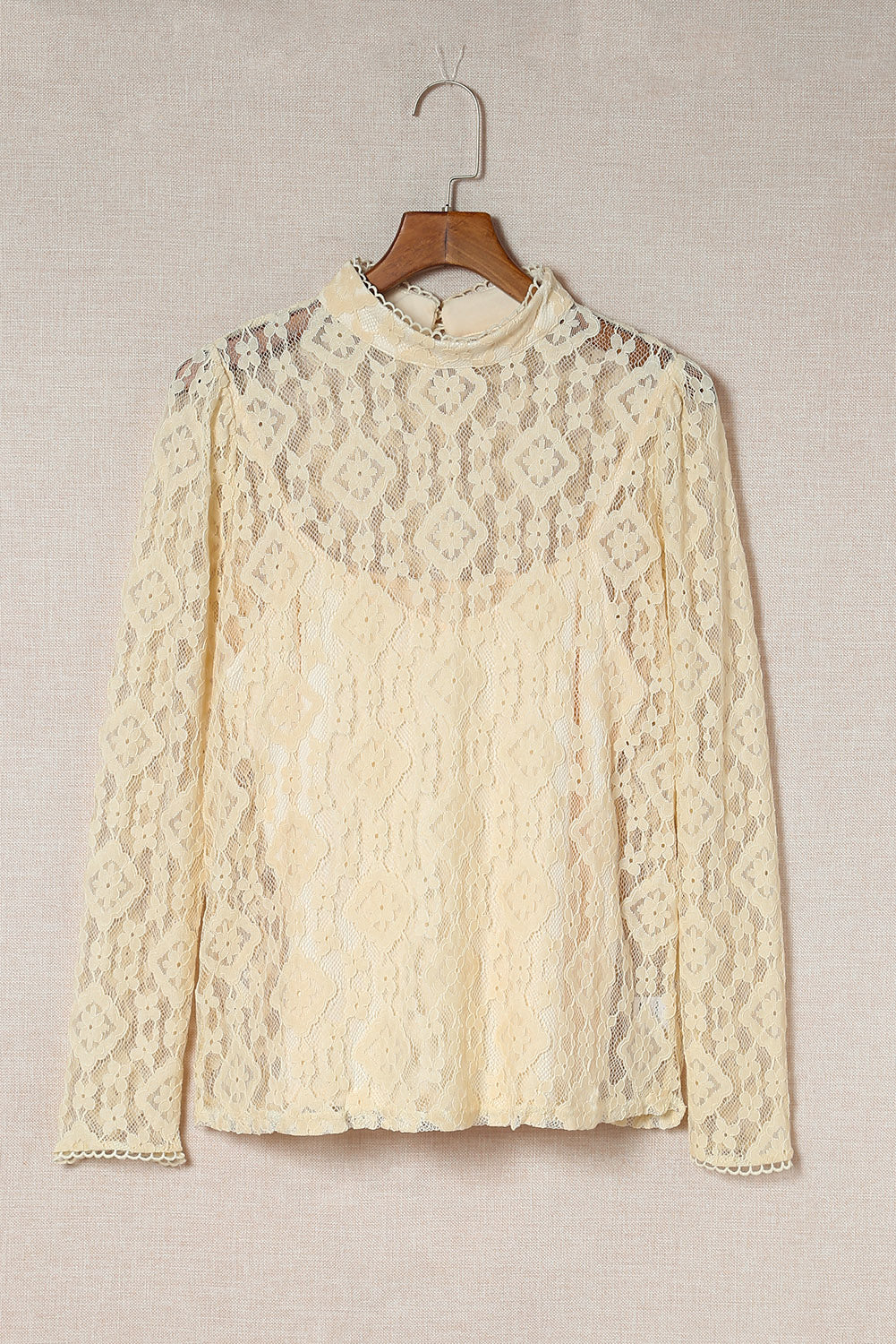 Beige Mock Neck Lace Blouse