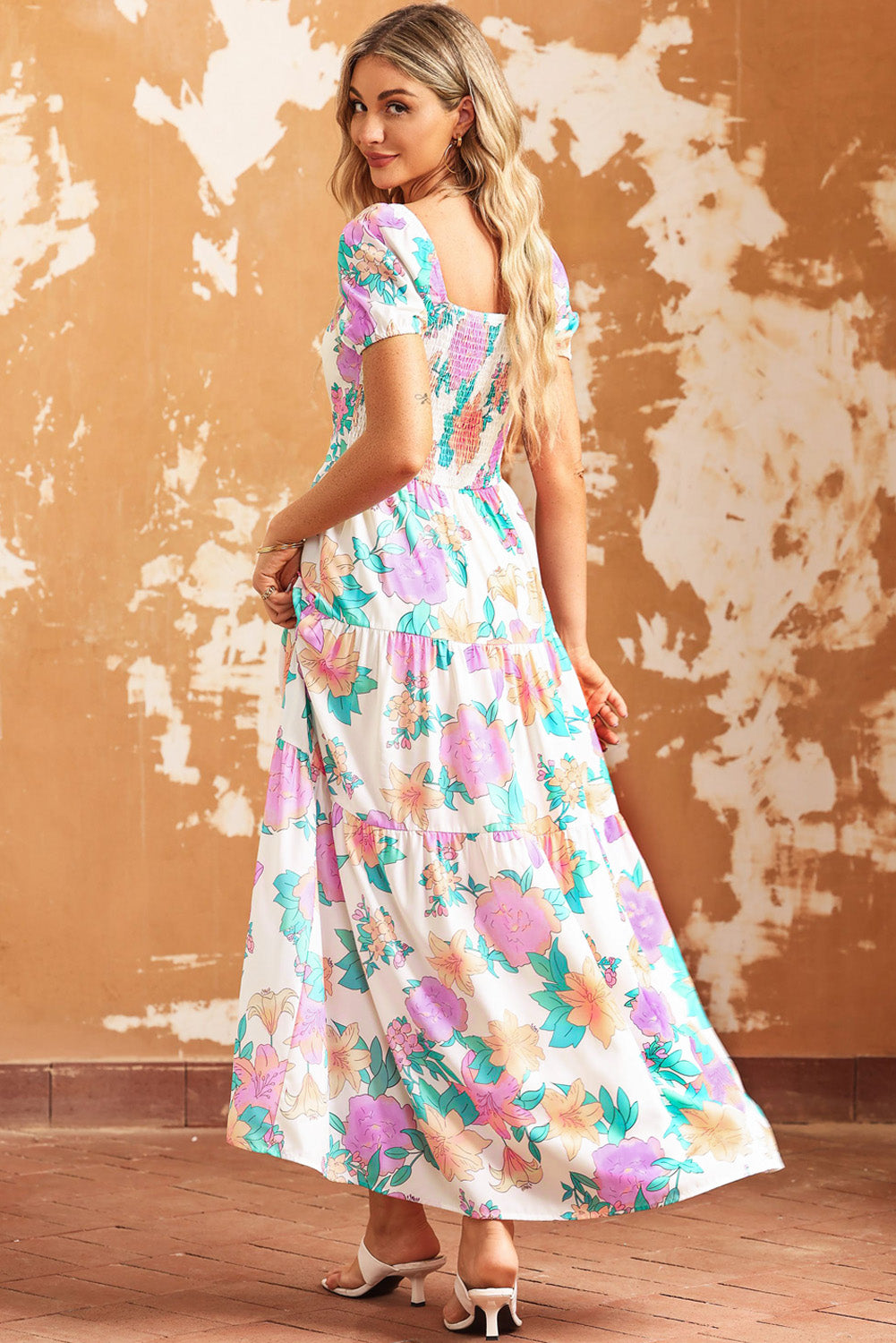 Multicolor Square Neck Puff Sleeve Tiered Floral Maxi Dress