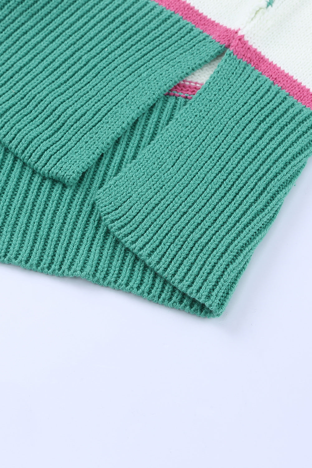 Green Striped Color Block Knitted Buttoned V Neck Sweater