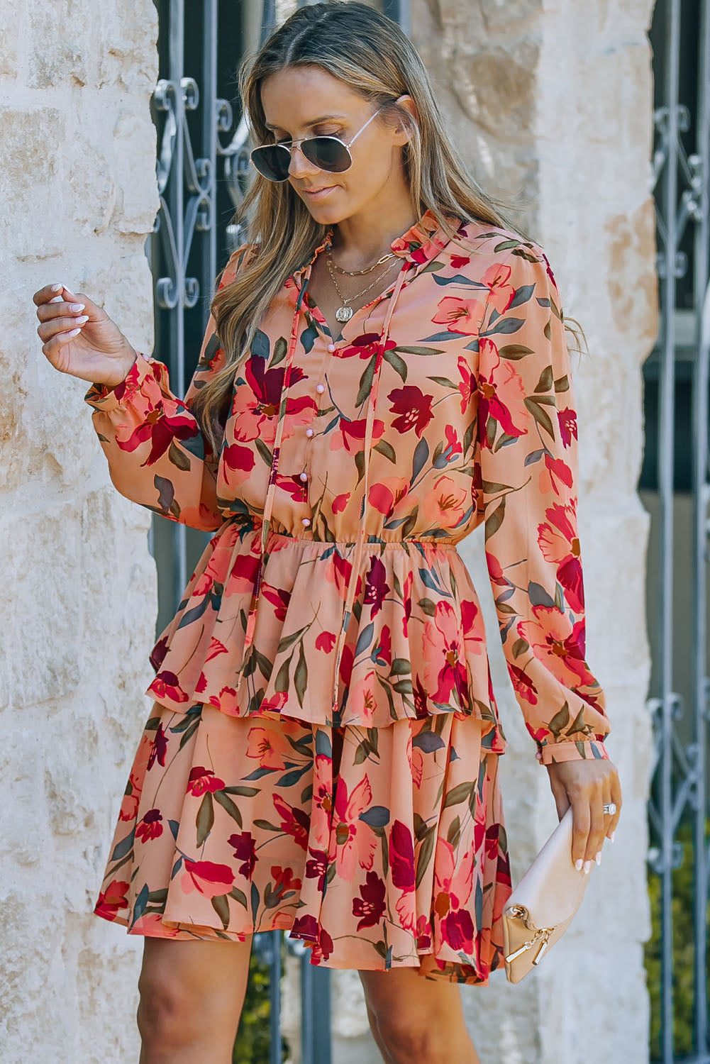 Red Frilled Collar Long Sleeve Floral Dress with Ruffle