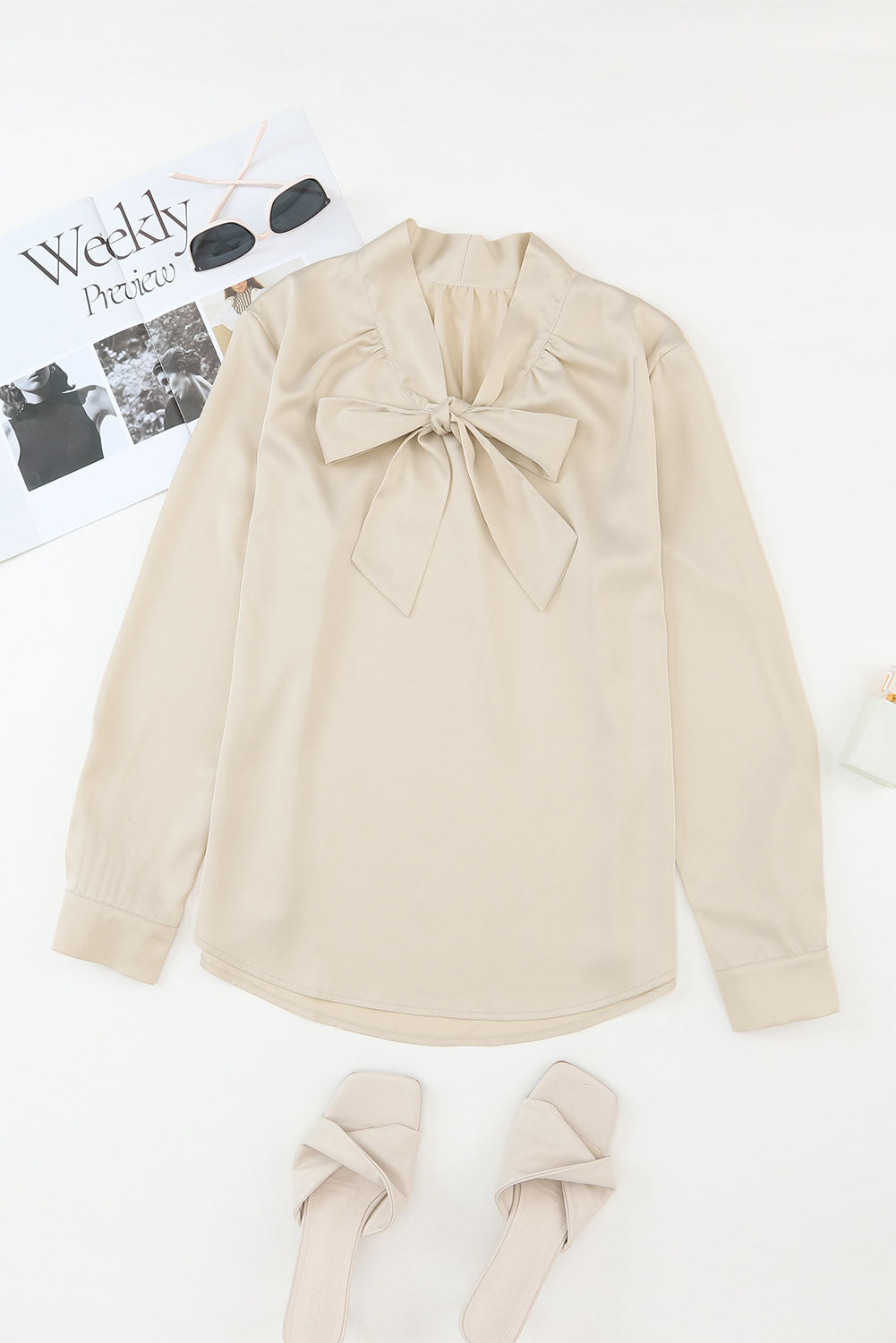 Apricot Solid Bow Tie Long Sleeve Blouse