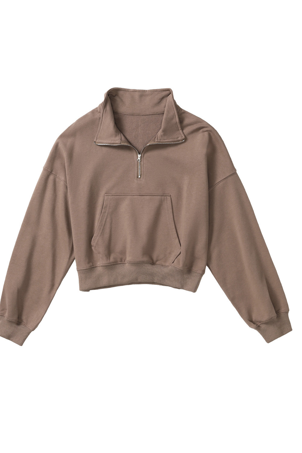 Brown Zipped Turn Down Collar Cropped Sweatshirt with Pocket