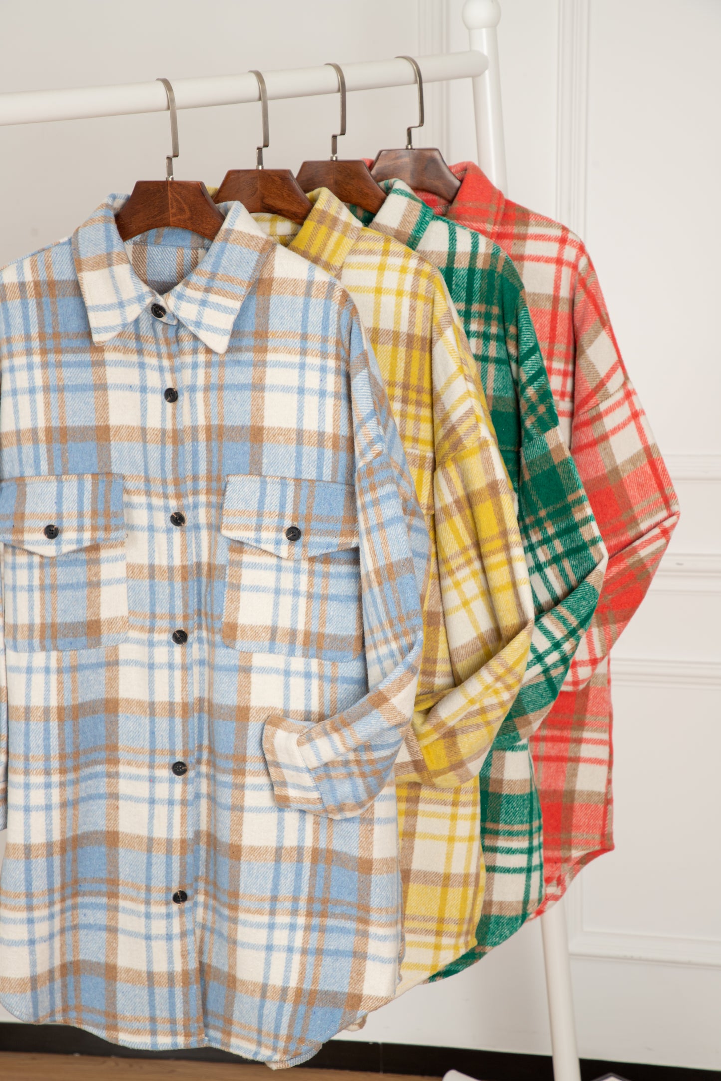 Sky Blue Plaid Flap Pocket Long Sleeve Shacket