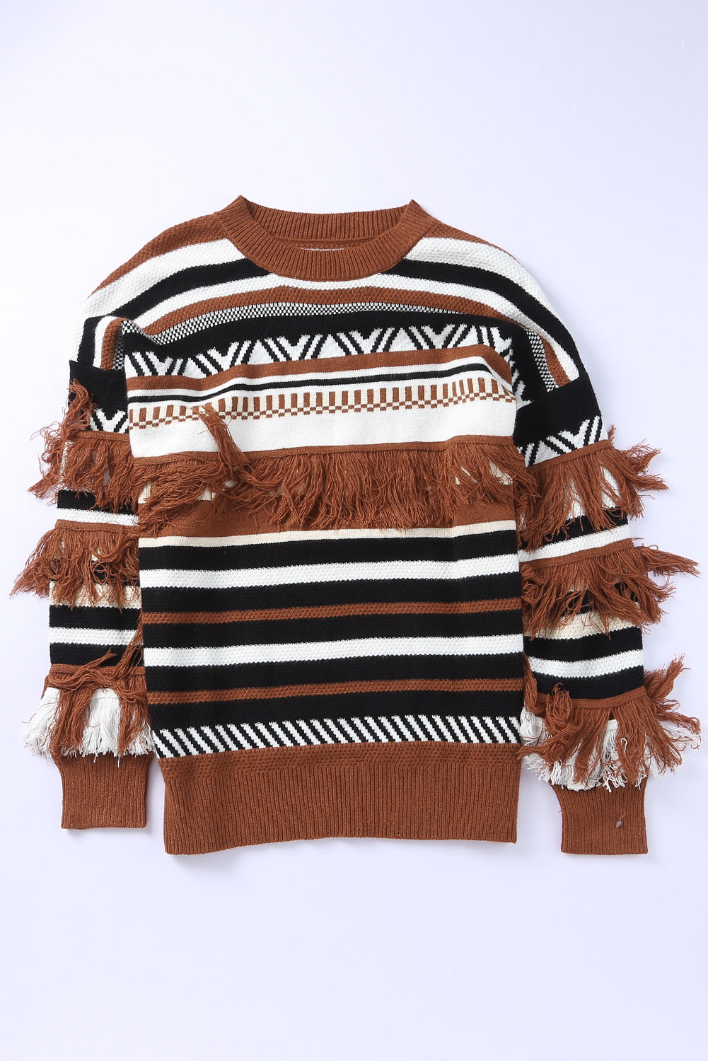 Multicolor Round Neck Striped Sweater with Fringe