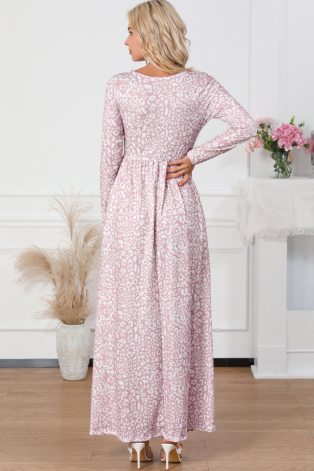 Leopard Animal Print Long Sleeve Empire Waist Maxi Dress