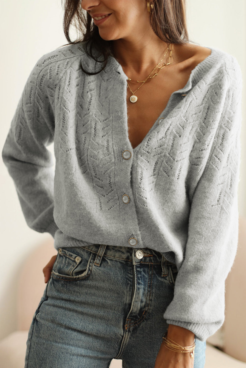 Hollow Out Buttoned Knit Cardigan