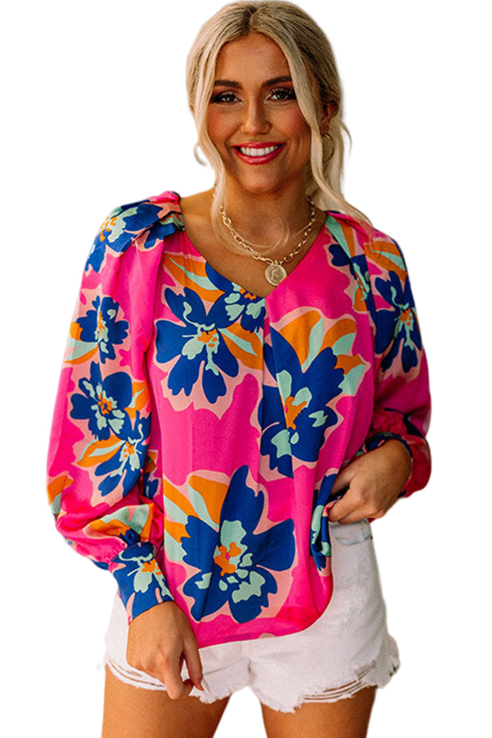 Rose Flower Print Puff Sleeve Blouse