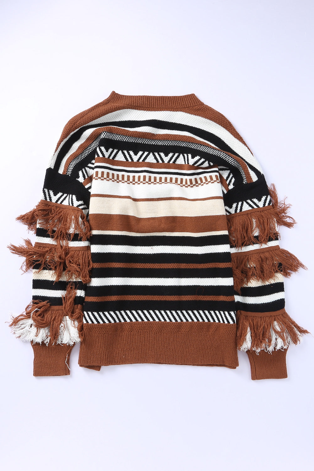 Multicolor Round Neck Striped Sweater with Fringe