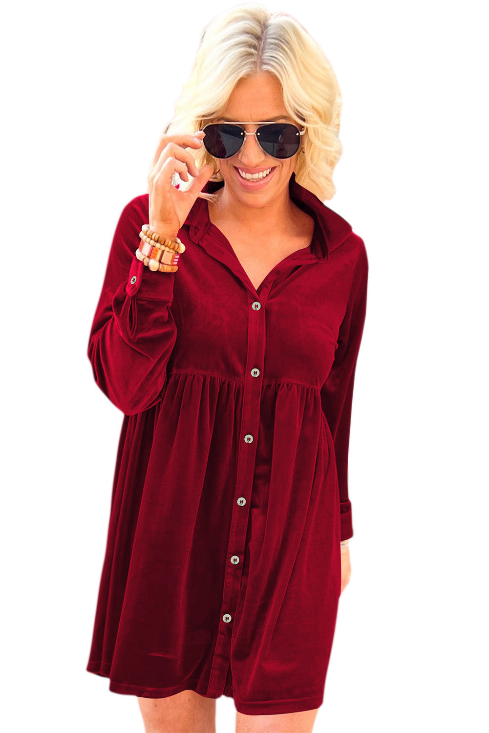 Red Long Sleeve Ruffle Velvet Button Up Dress