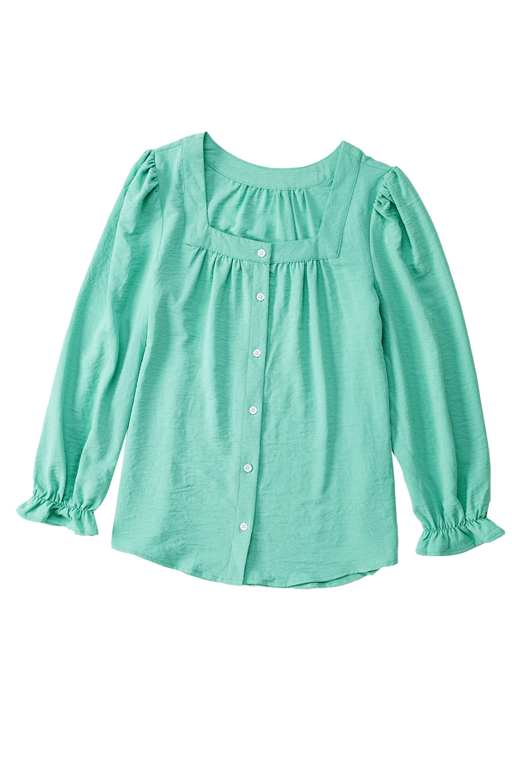 Green Flounce Sleeve Square Neck Button-Up Shirt