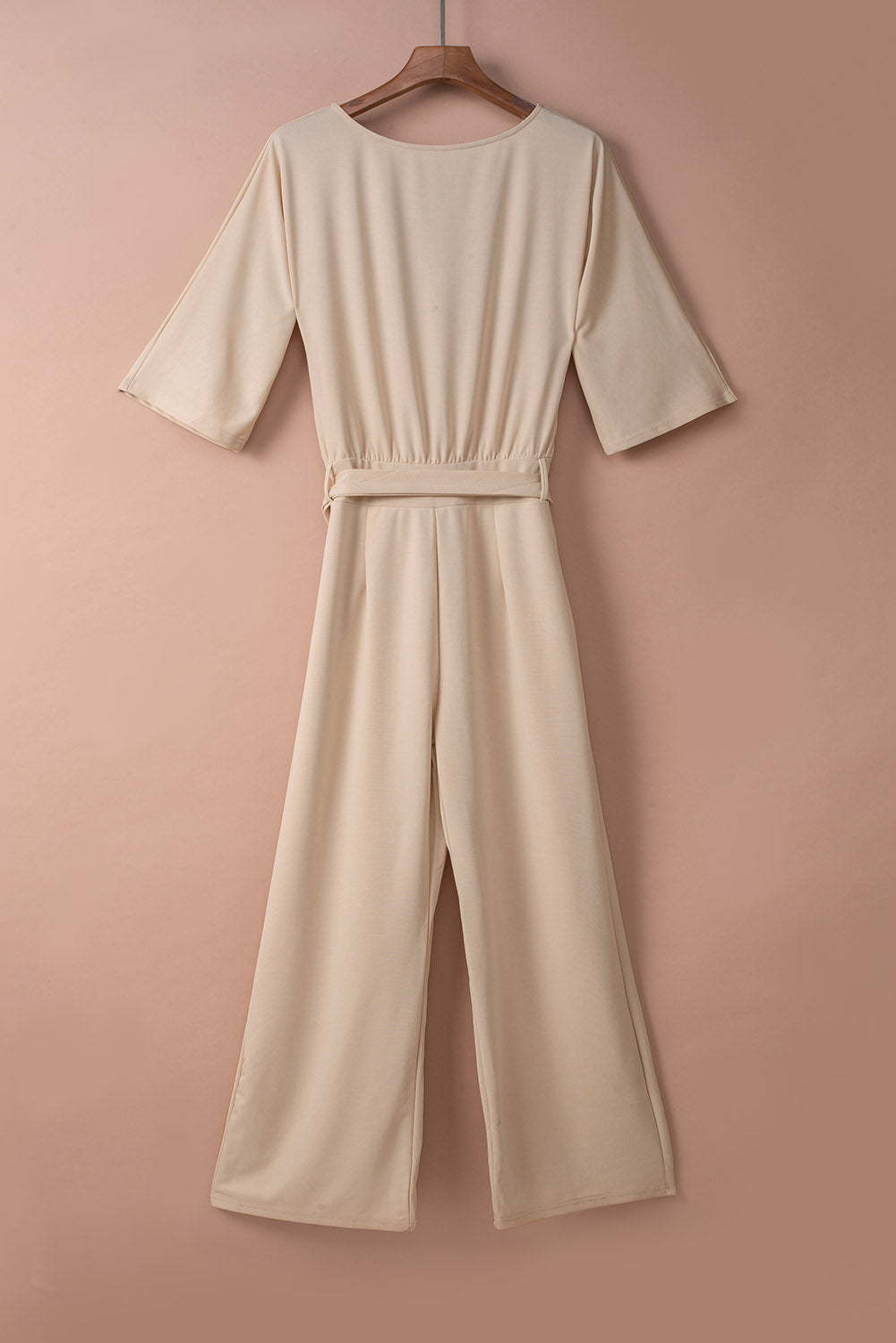 Apricot Bracelet Sleeve Waist Tie Wide Leg Jumpsuit