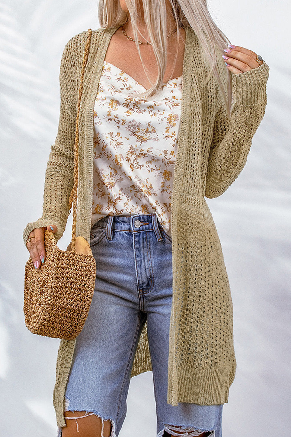 Apricot Lightweight Hollowed Knit Open Front Cardigan