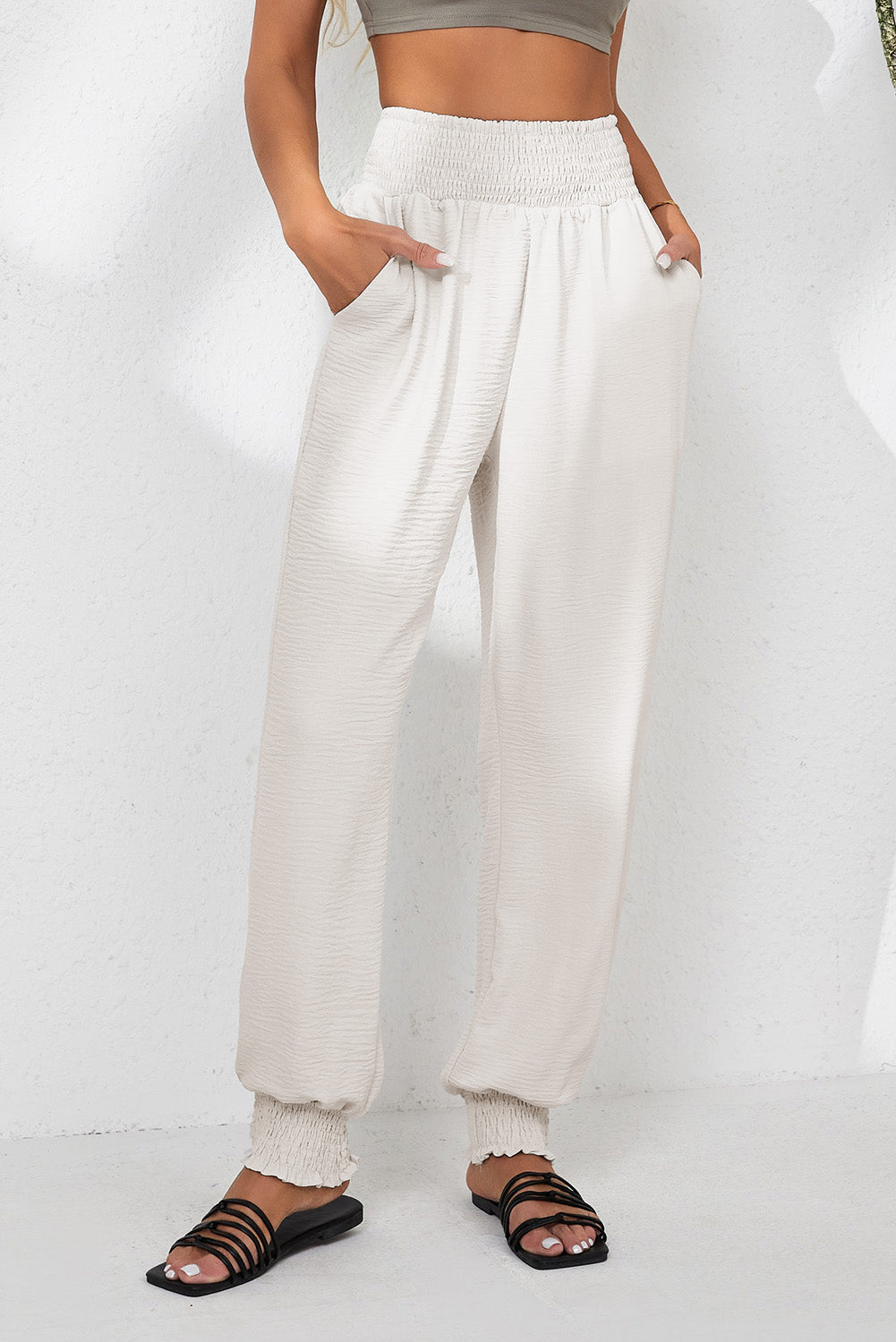 Apricot Linen Shirred High Waist Pocket Jogger Pants