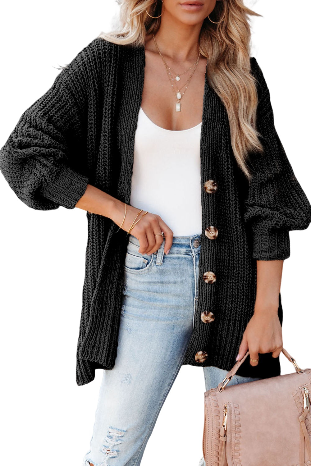 Black Buttoned Front Drop Shoulder Knitted Cardigan