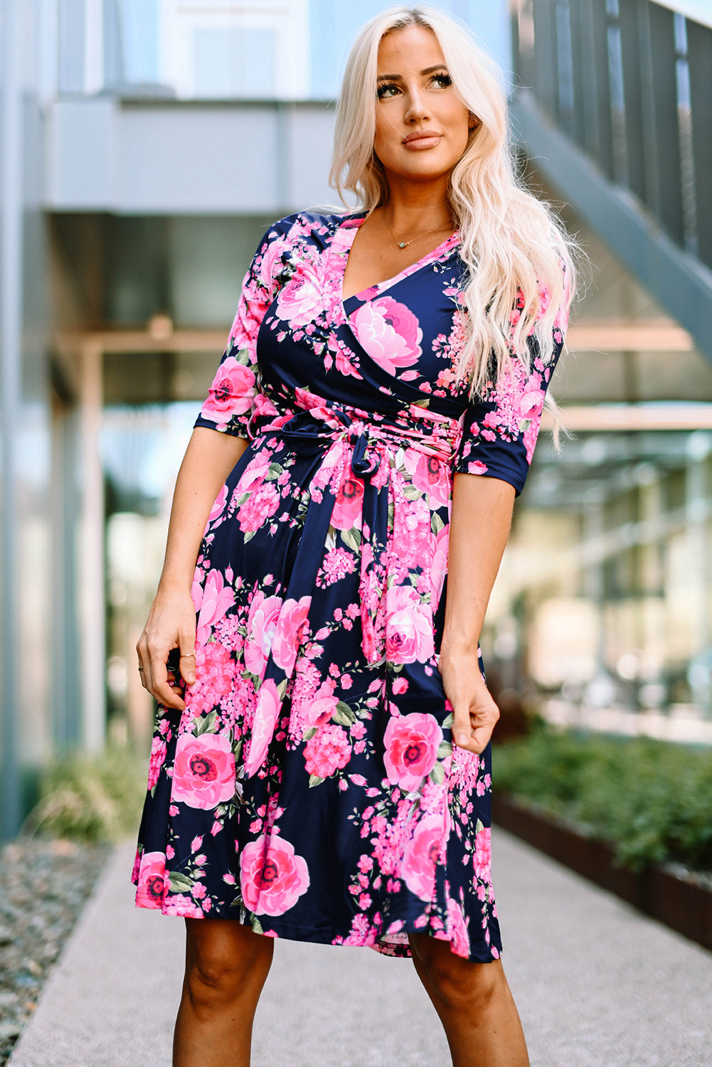 Blue Wrap V Neck Floral Dress with Belt