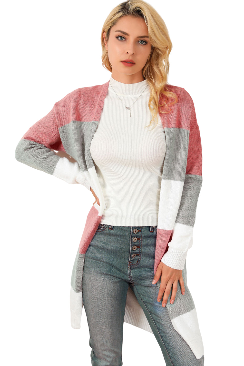 Green Colorblock Stripe Open-Front Cardigan