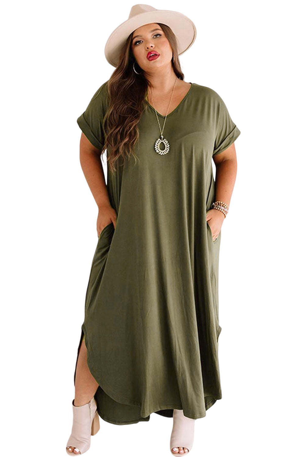 Green Plus Size V Neck Rolled Cuffs Maxi Dress