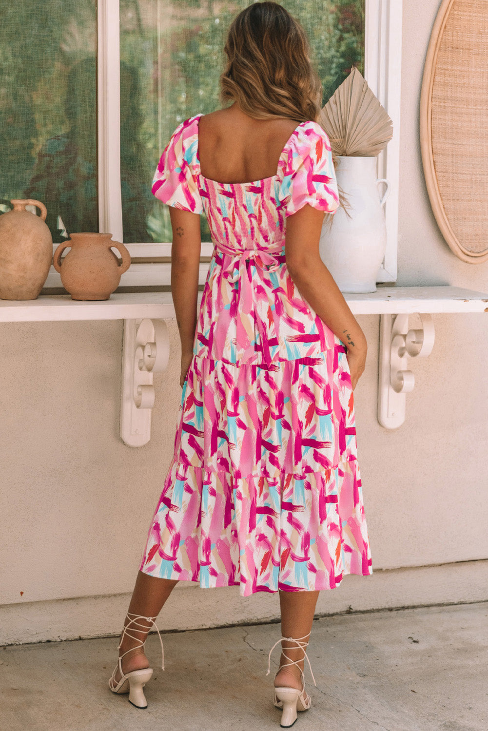 Pink Brush Stroke Printed Smocked Ruffle Tiered Dress