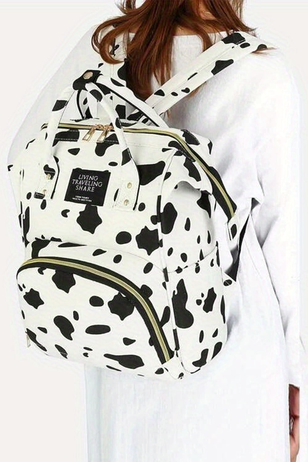 Bright White Cow Spot Print Multi Pocket Canvas Backpack