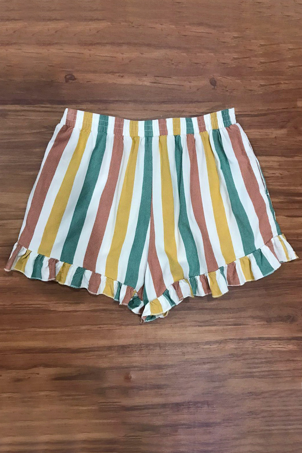 Multicolor Striped Ruffle Hem Drawstring Shorts