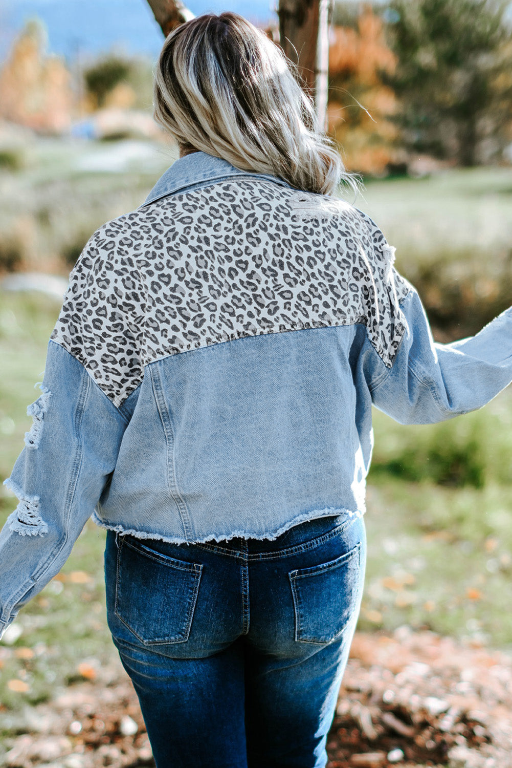 Blue Plus Size Leopard Ripped Cropped Denim Jacket