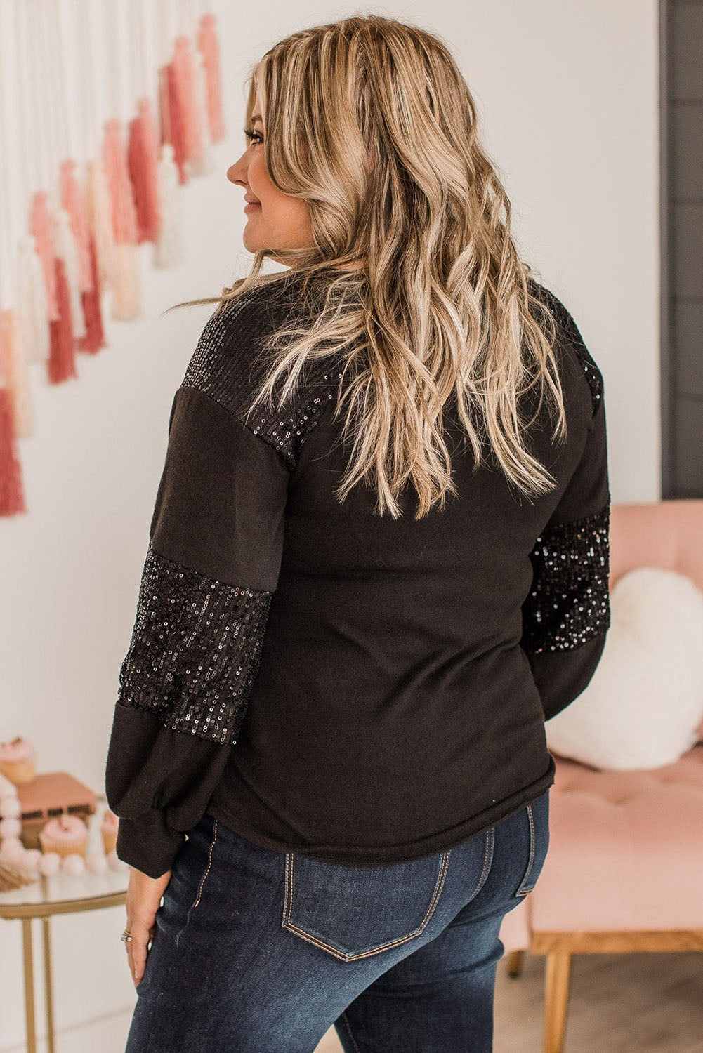 Black Plus Size Sequin Patchwork Crew Neck Long Sleeve Top