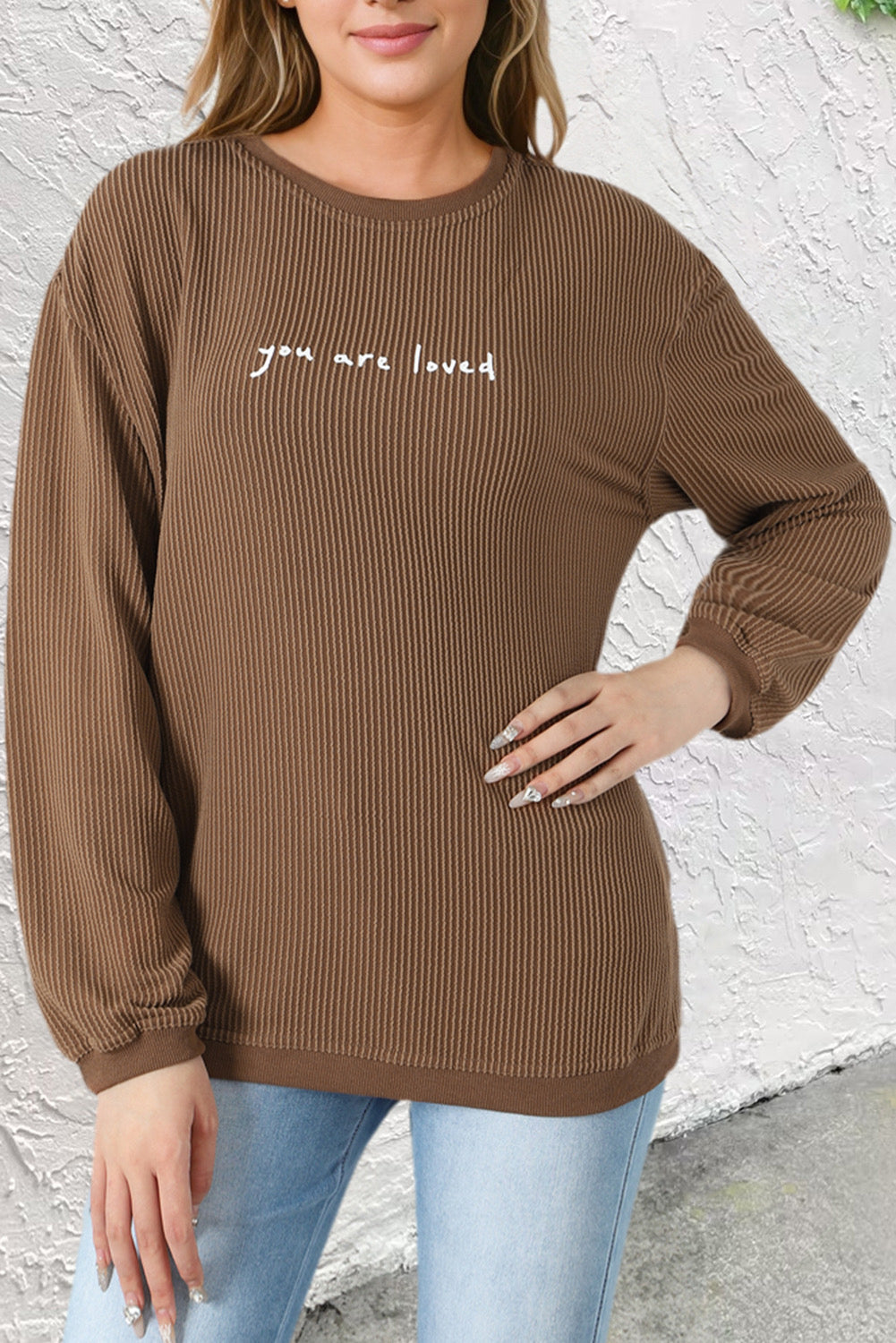 Khaki You Are Loved Print Corduroy Sweatshirt