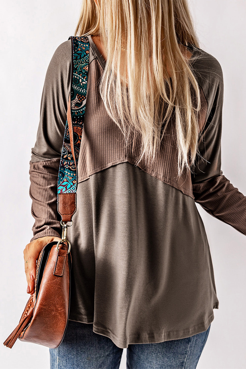 Khaki Ribbed Patchwork V Neck Long Sleeve Top