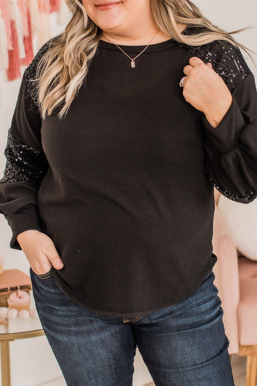 Black Plus Size Sequin Patchwork Crew Neck Long Sleeve Top