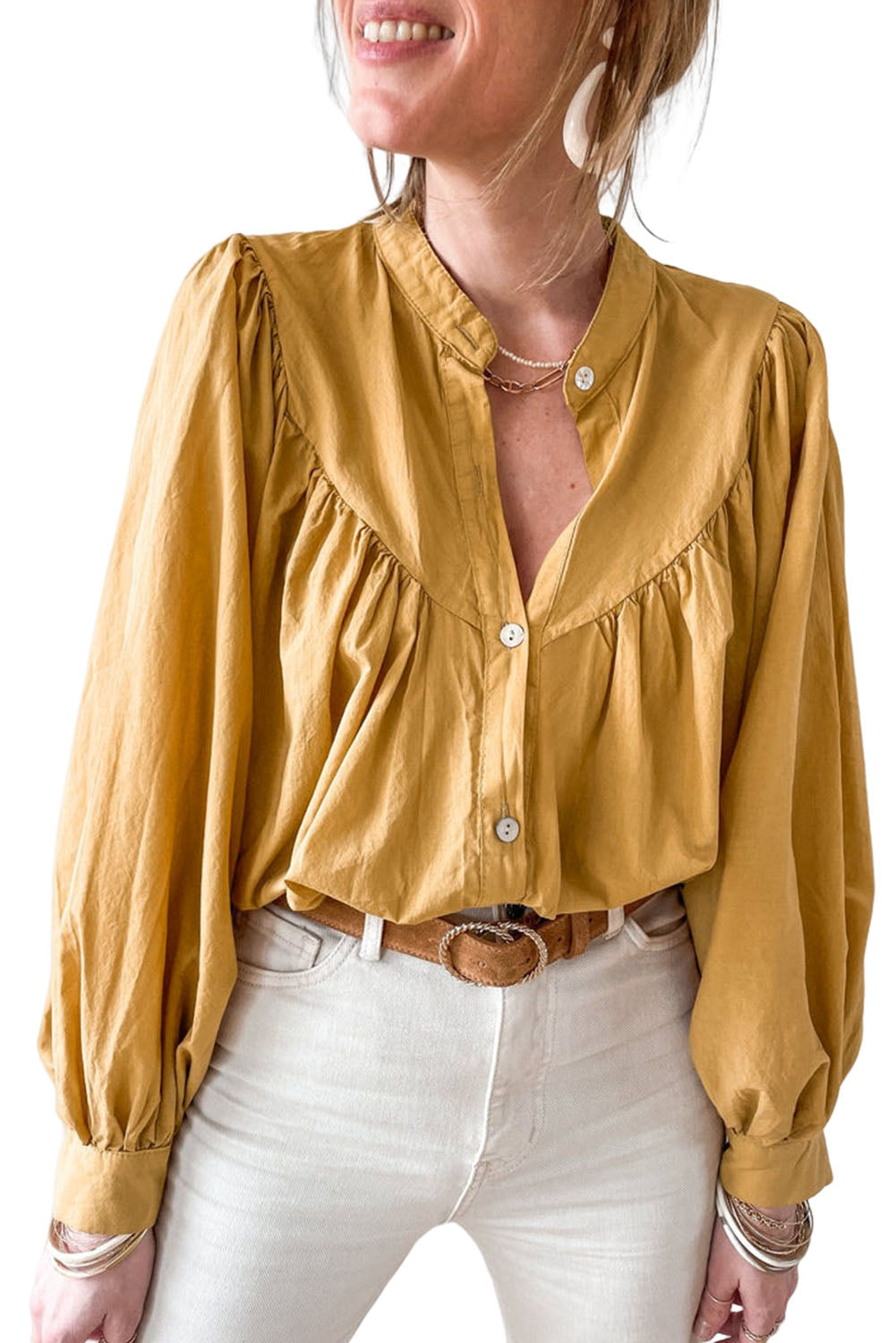 Yellow Puff Sleeve Pleated Loose Shirt