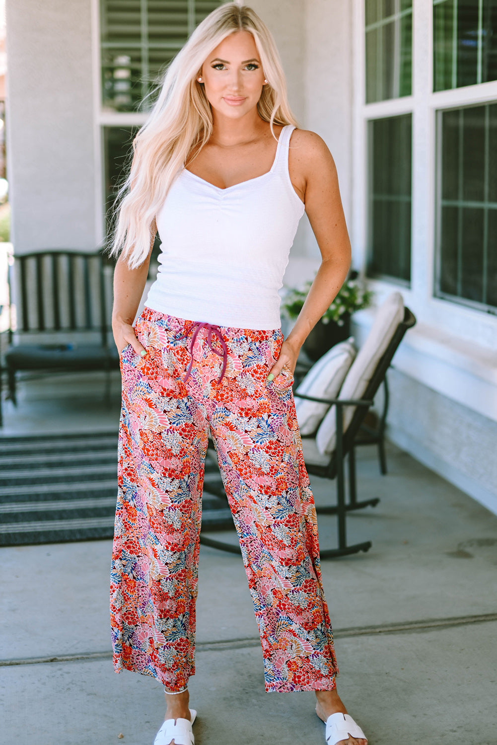 Red Gorgeous Print Drawstring Smocked High Waist Pants