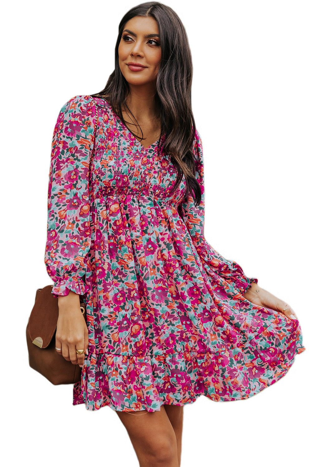 Purple Smocked V Neck Puffy Sleeve Floral Dress