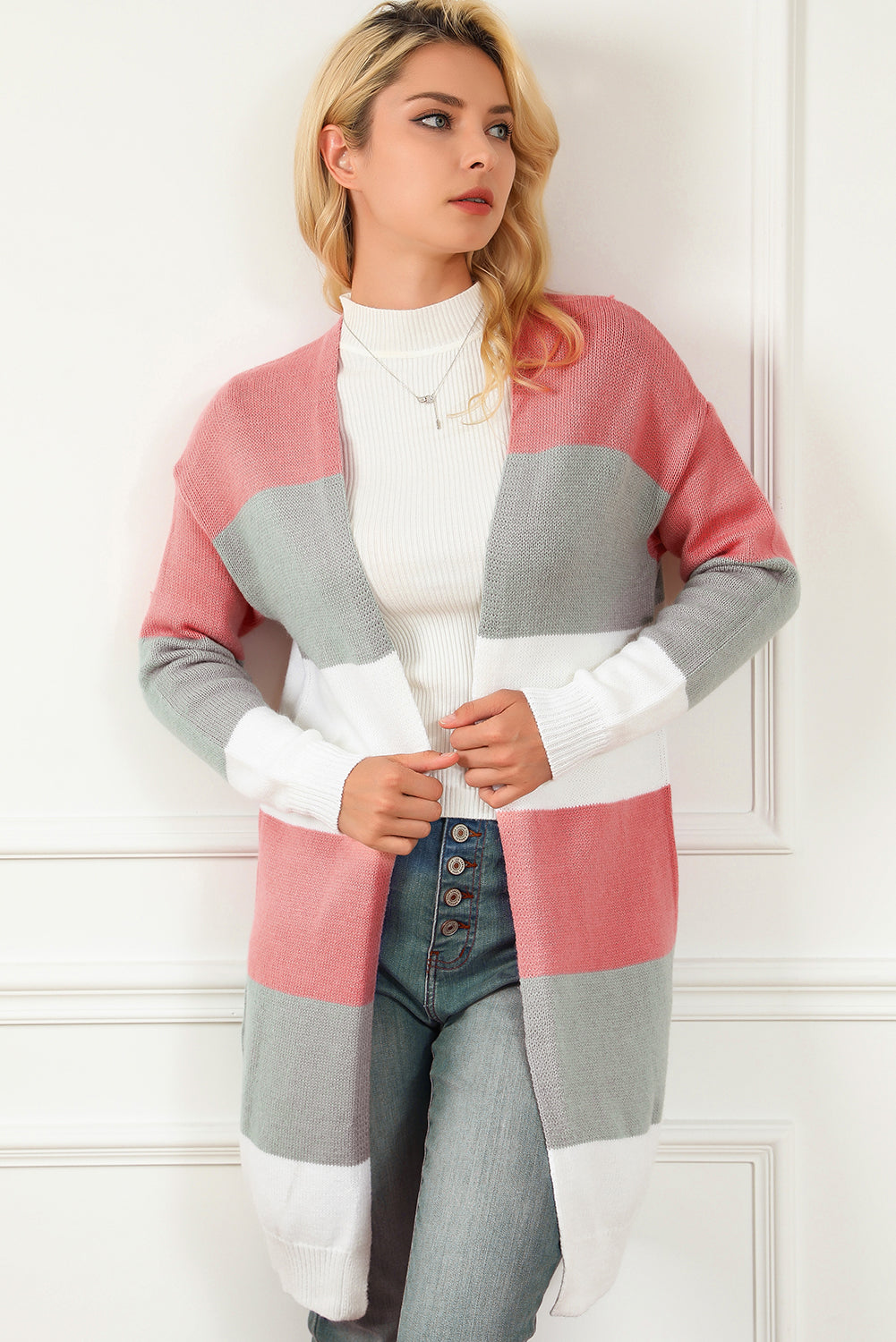 Green Colorblock Stripe Open-Front Cardigan