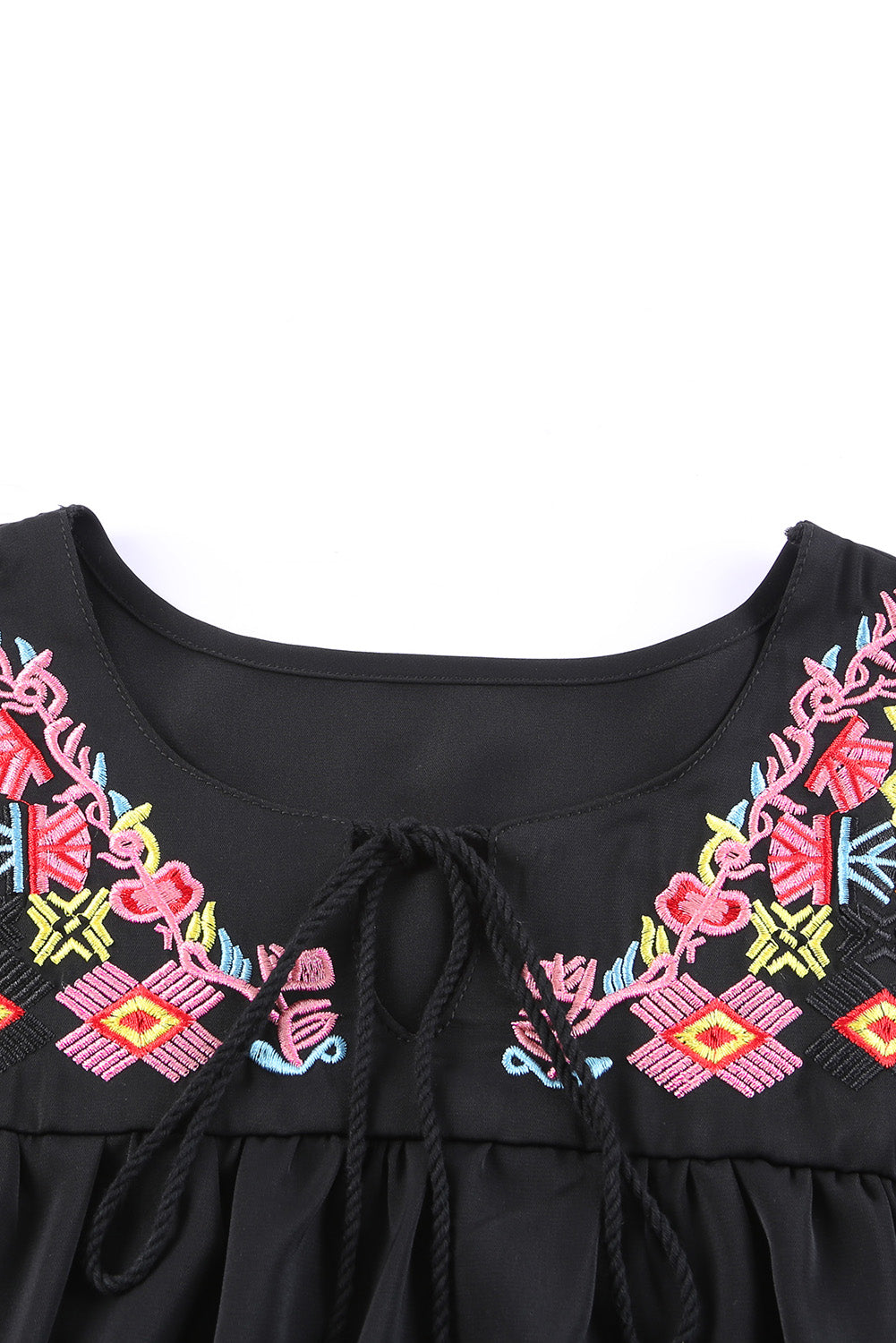 Black Geometric Floret Embroidered Short Sleeve Blouse