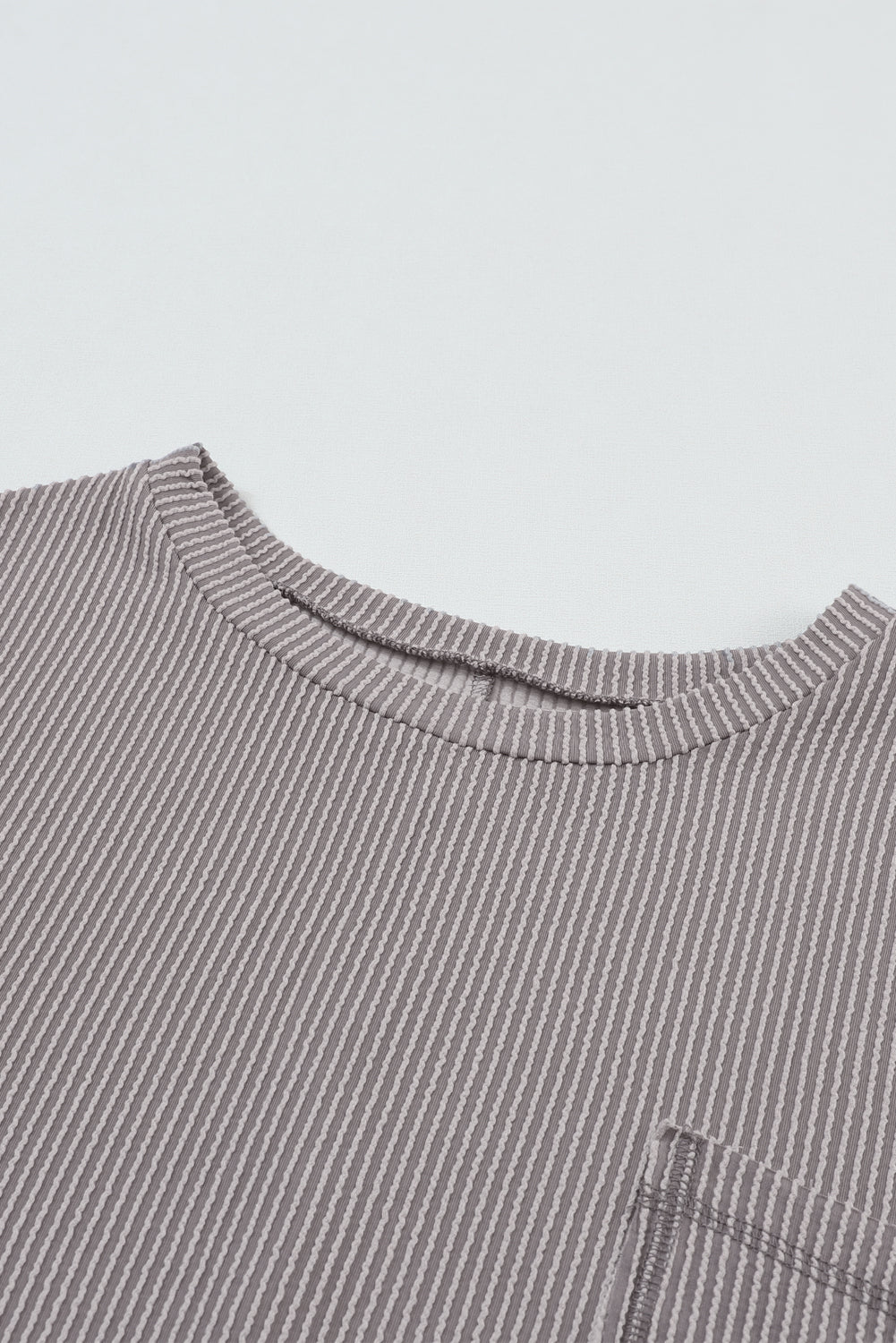 Gray Ribbed Roll-tab Sleeve Chest Pocket Oversize Top