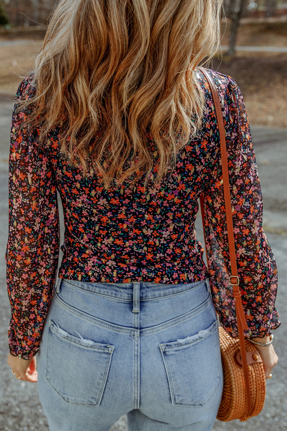 Black  V Neck Bubble Sleeve Floral Blouse