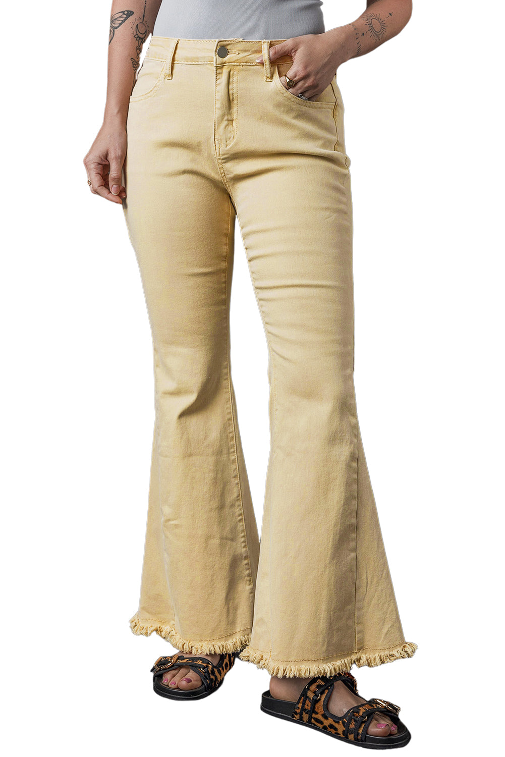 Khaki Raw Edge Mid Waist Flared Jeans