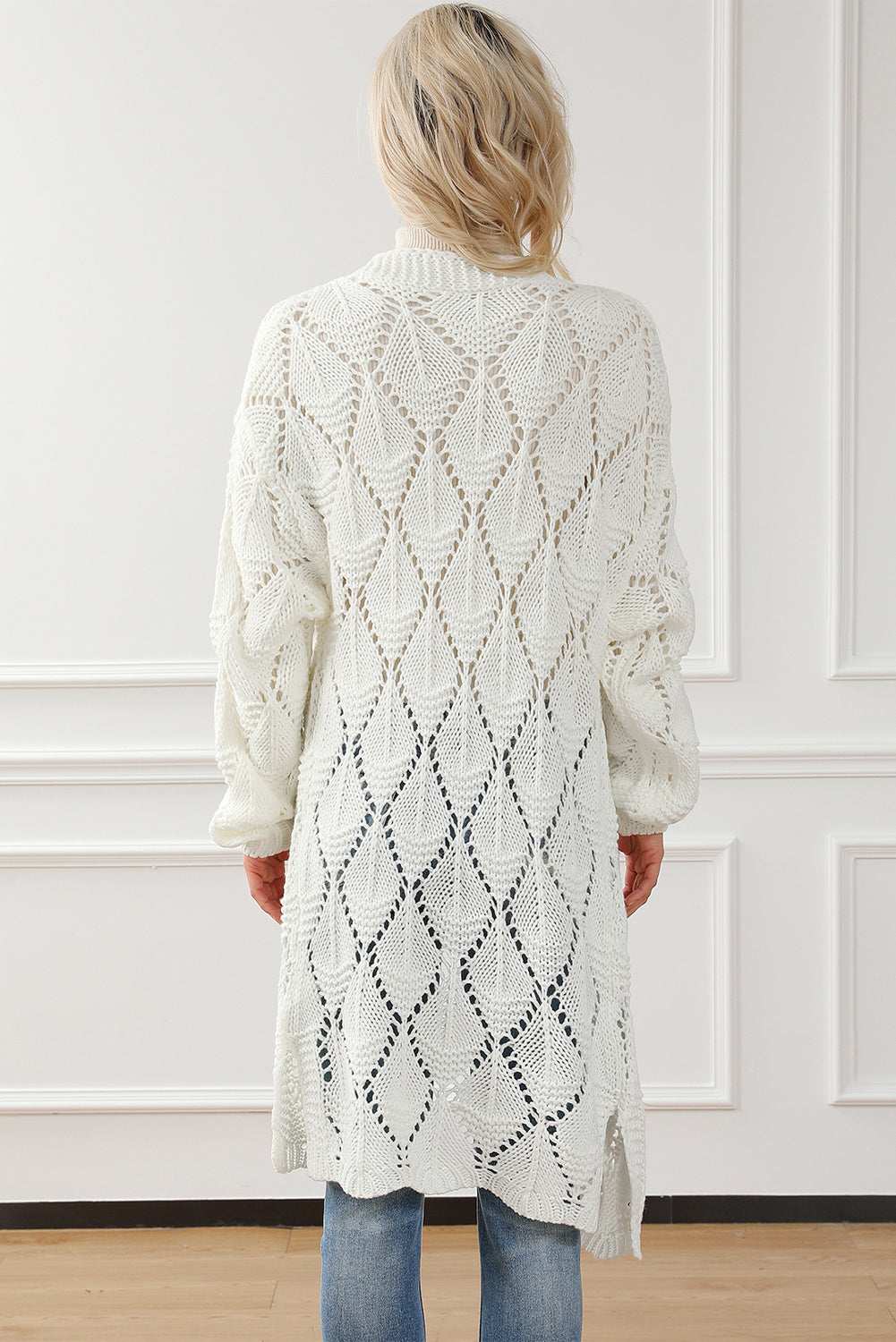 White Rhombus Hollowed Knit Open Front Cardigan