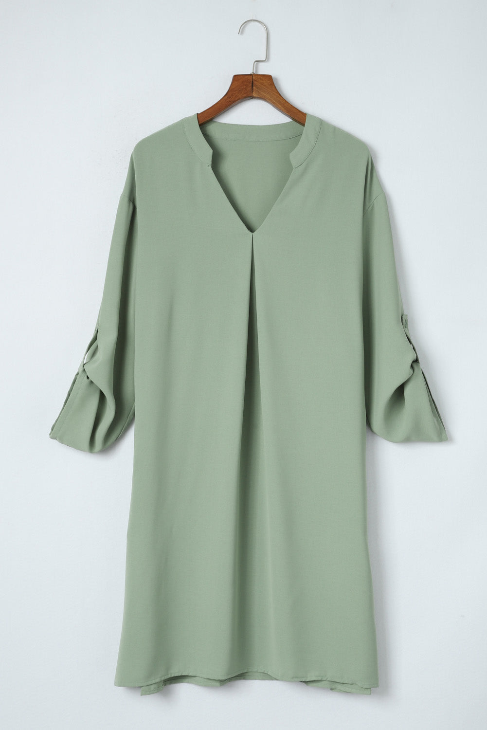 Green Roll-tab Sleeve Flowy Casual Dress