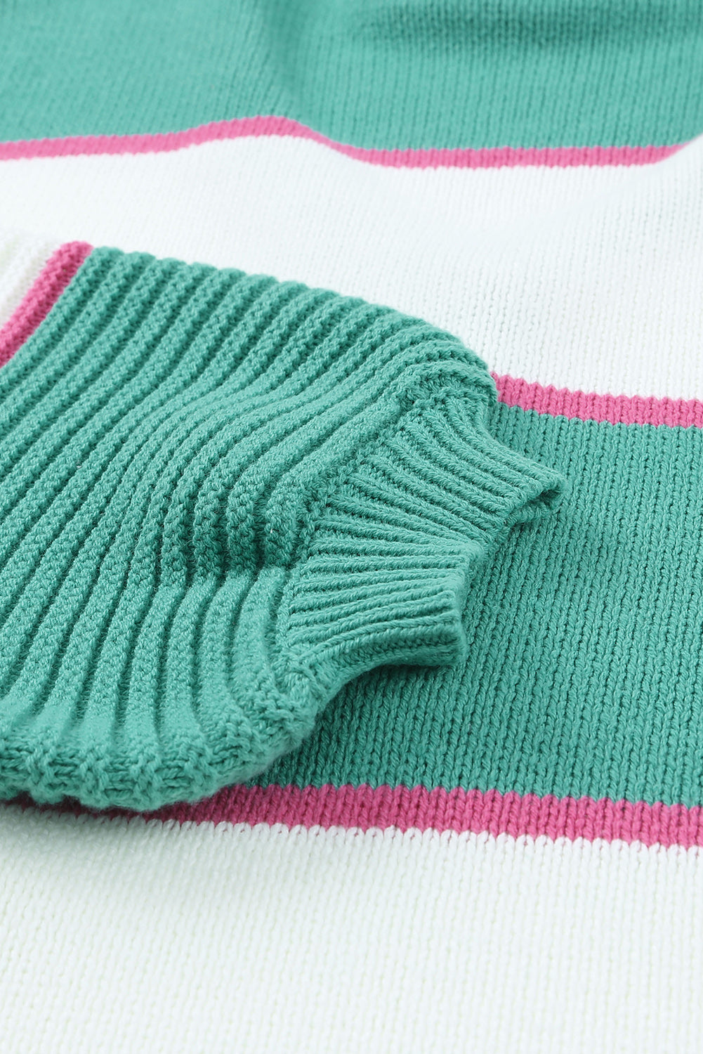 Green Striped Color Block Knitted Buttoned V Neck Sweater