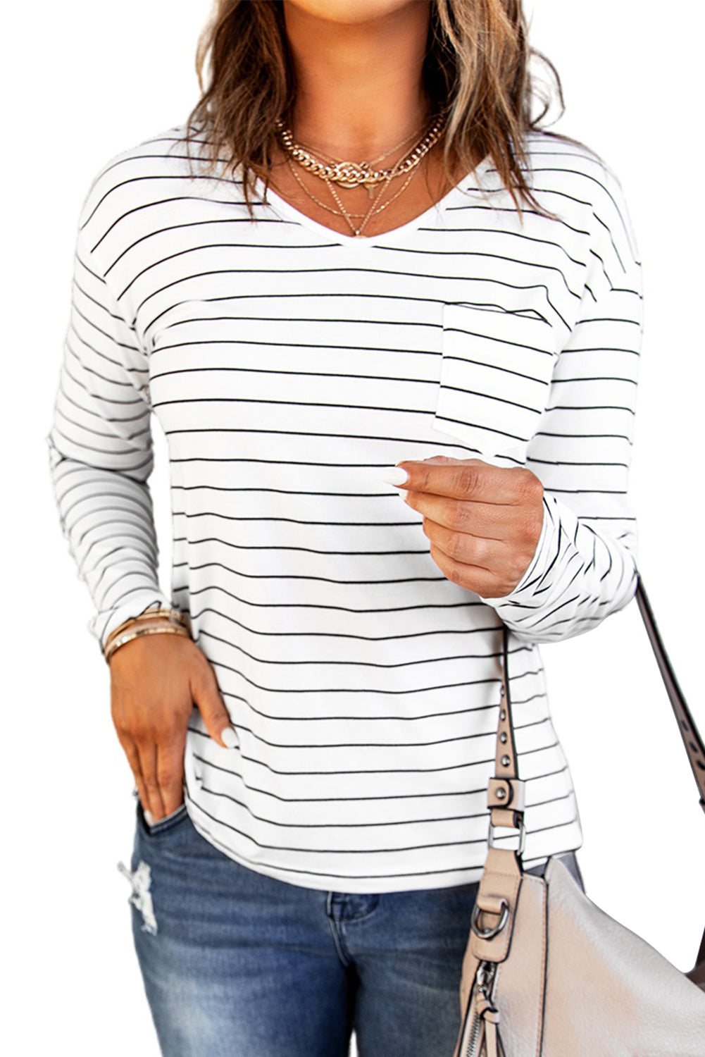 Striped V Neck Long Sleeve Top