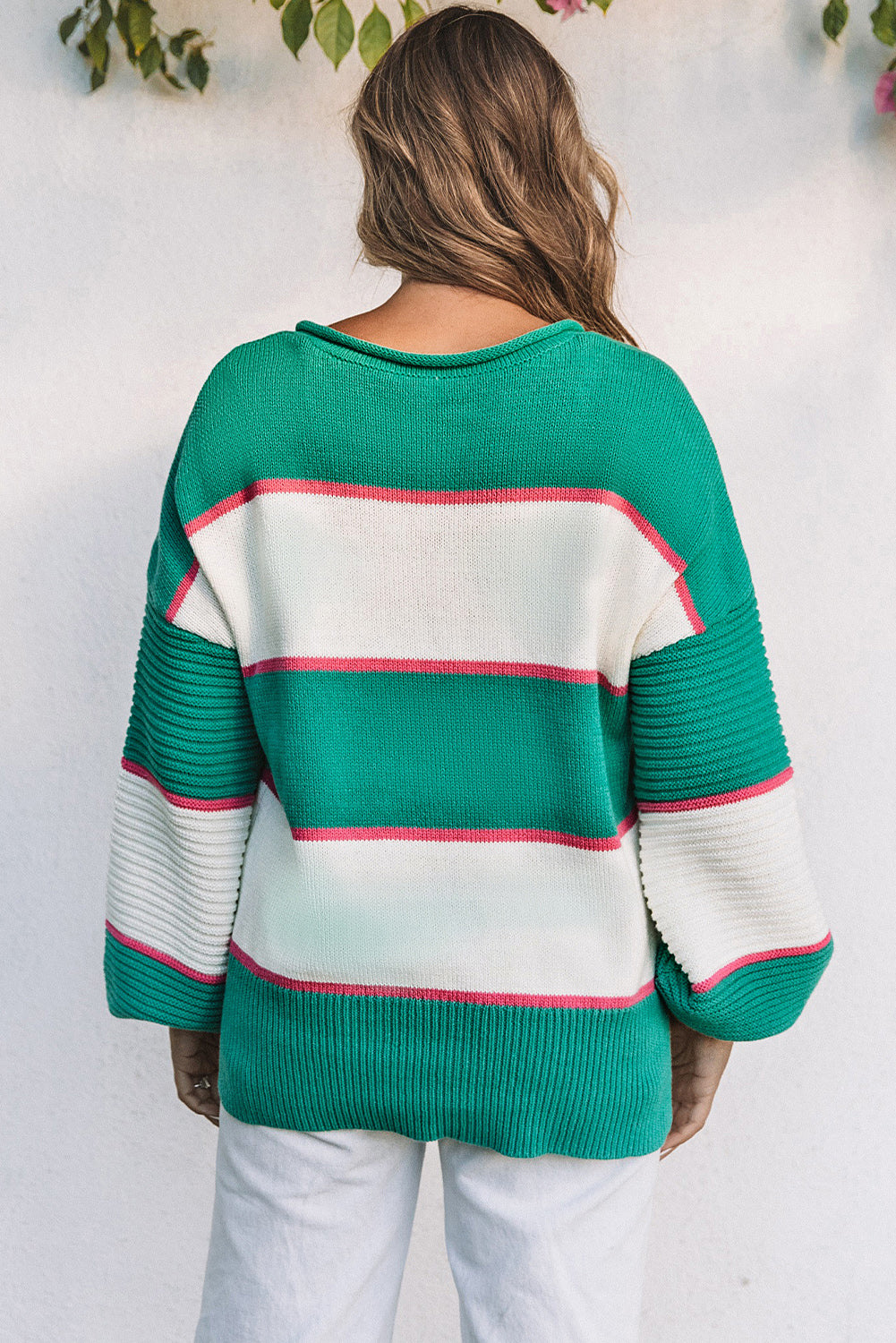 Green Striped Color Block Knitted Buttoned V Neck Sweater